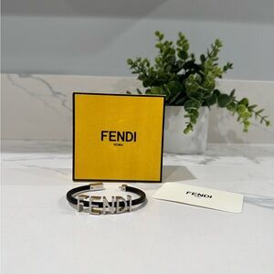 Authentic Fendi Black Leather and Silver Steel Bracelet w/ Box